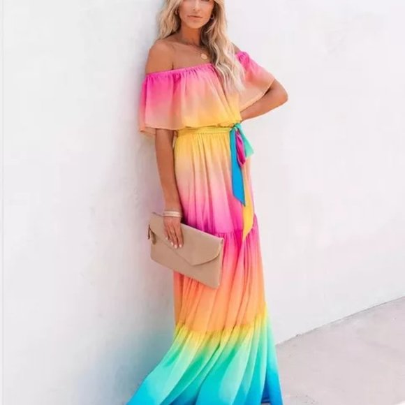 Rainbow Dress BOHO Maxi Off Shoulder - Ribbon Belt Waist - Flowing Hem - Picture 9 of 13